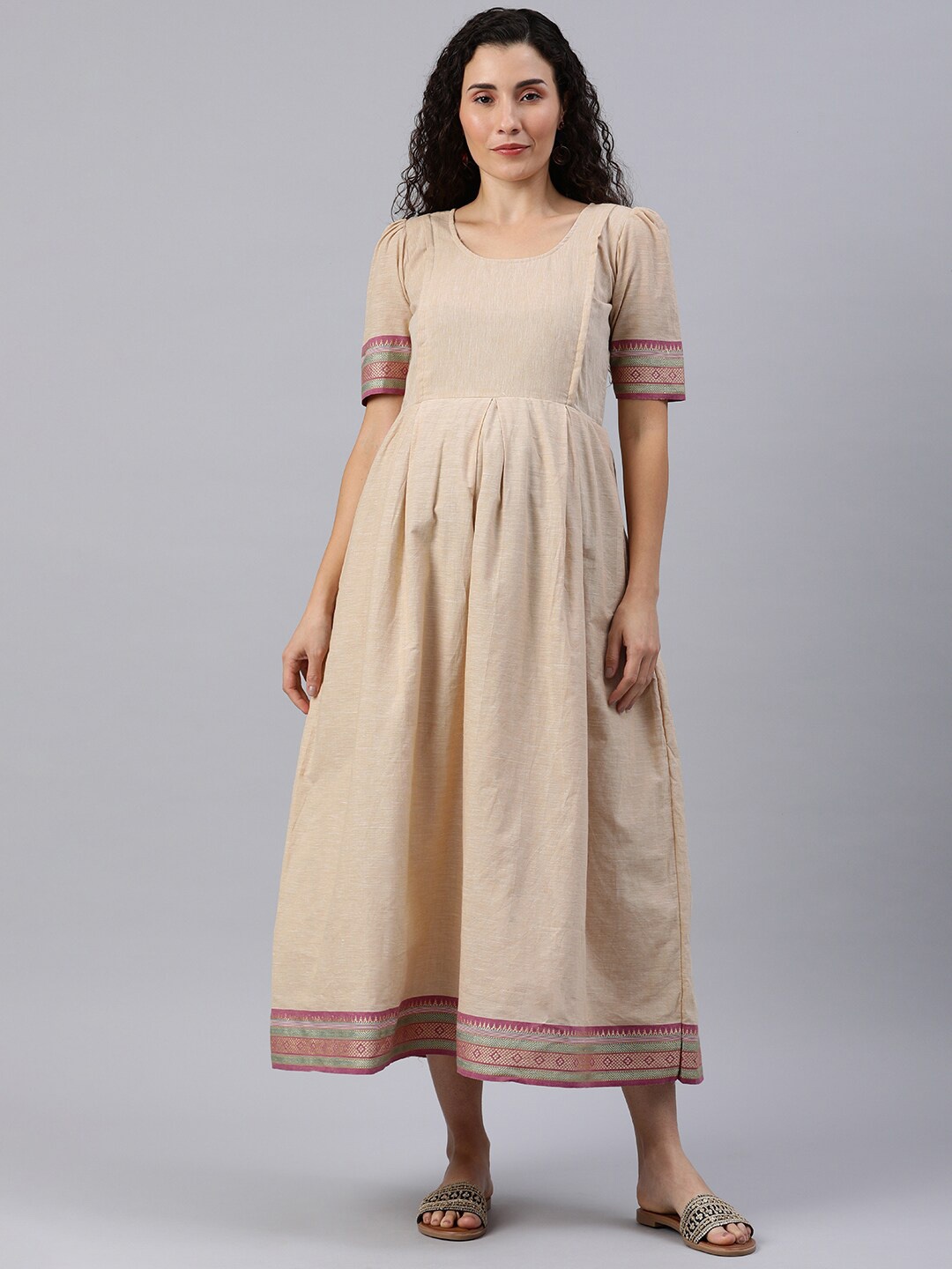 

Swishchick Cotton Round Neck Flared Maxi Maternity Dress, Off white