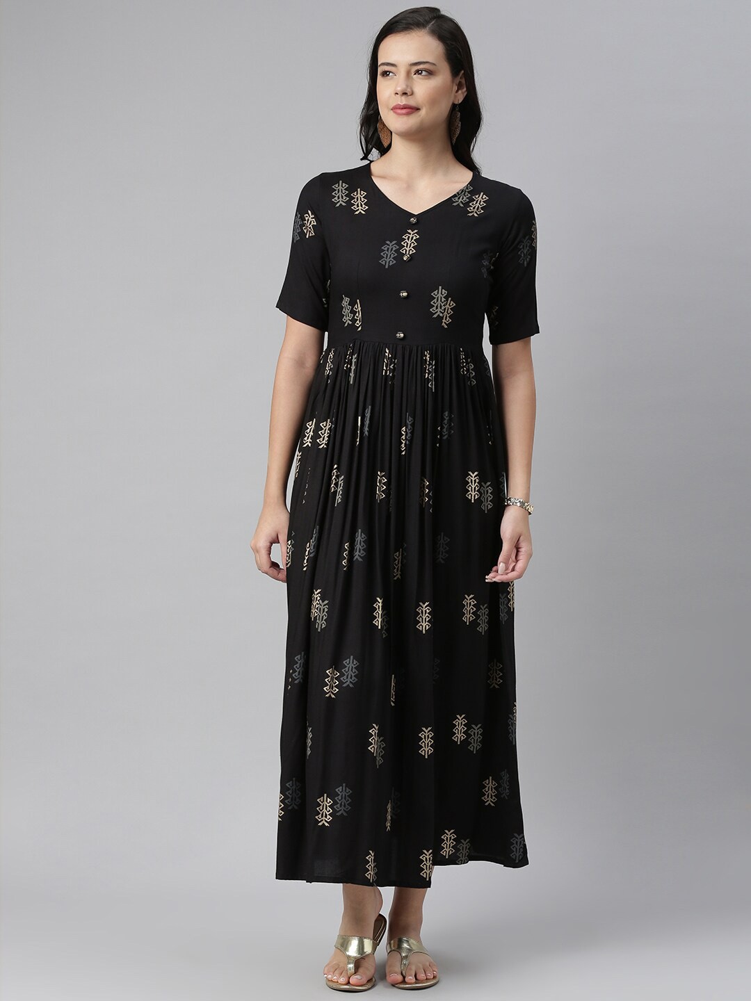 

Swishchick Floral Printed Gathered Maxi Dress, Black