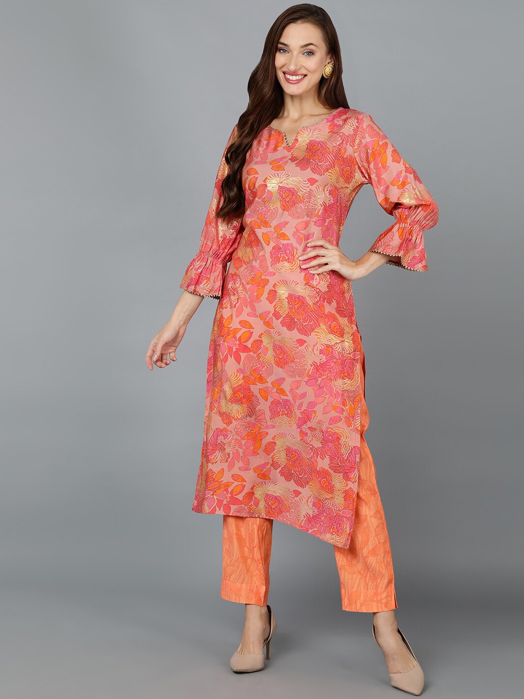 

KALINI Floral Printed Round Neck Bell Sleeves Gotta Patti Straight Kurta, Peach
