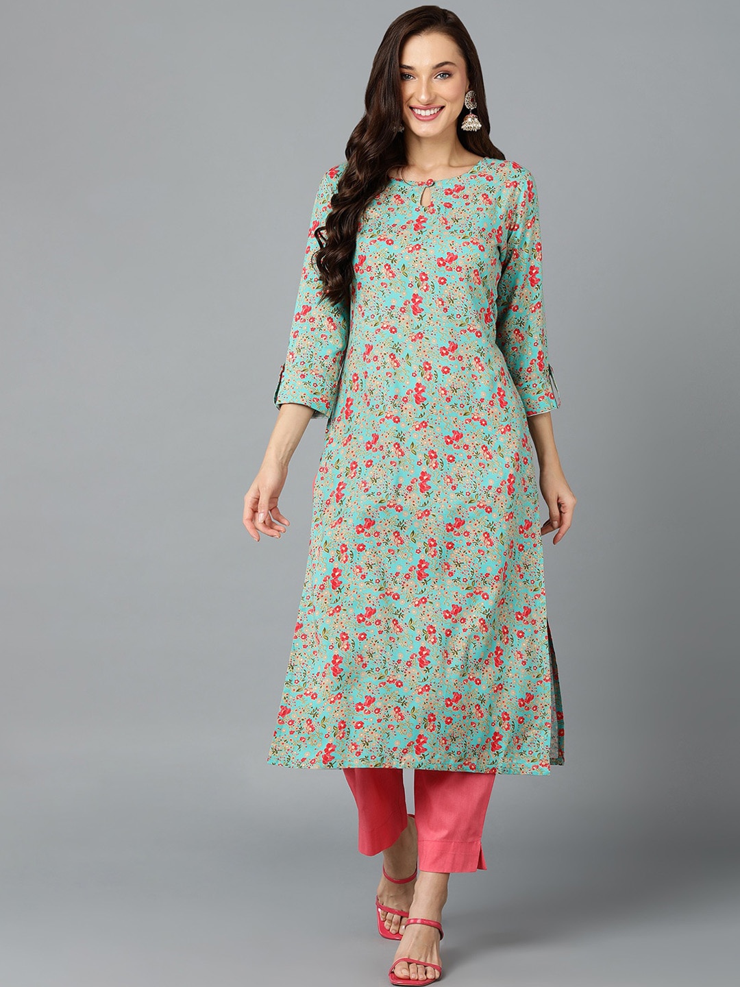 

KALINI Floral Printed Kurta, Turquoise blue