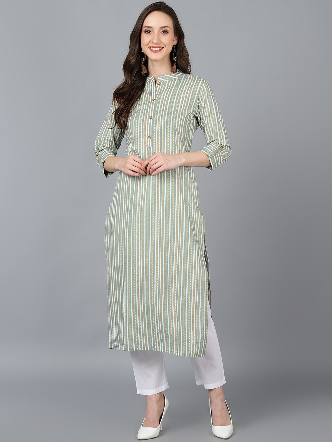 

KALINI Striped Mandarin Collar Straight Cotton Kurta, Green