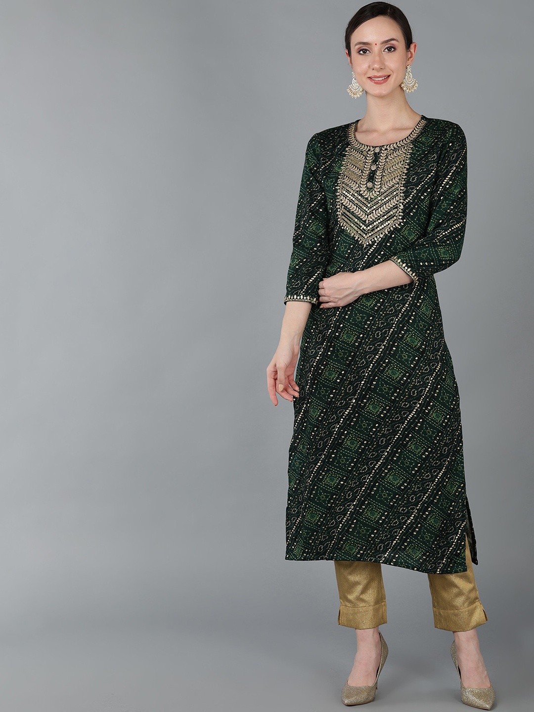 

KALINI Bandhani Printed Round Neck Sequinned Straight Kurta, Green