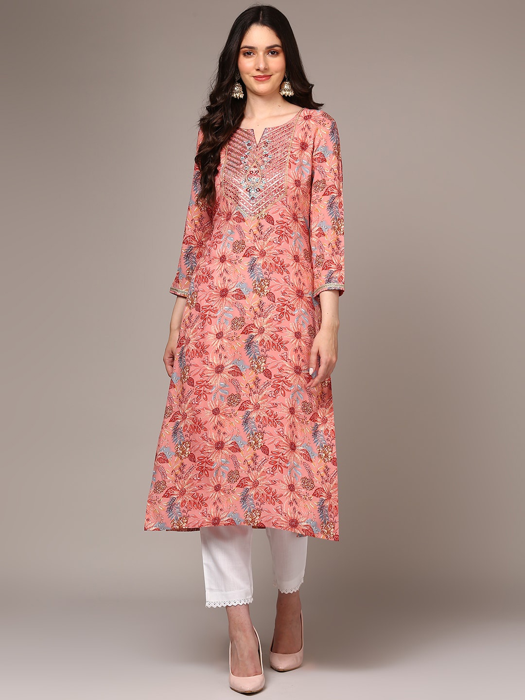 KALINI Floral Printed Notched Neck Mirror Work Straight Kurta, Pink