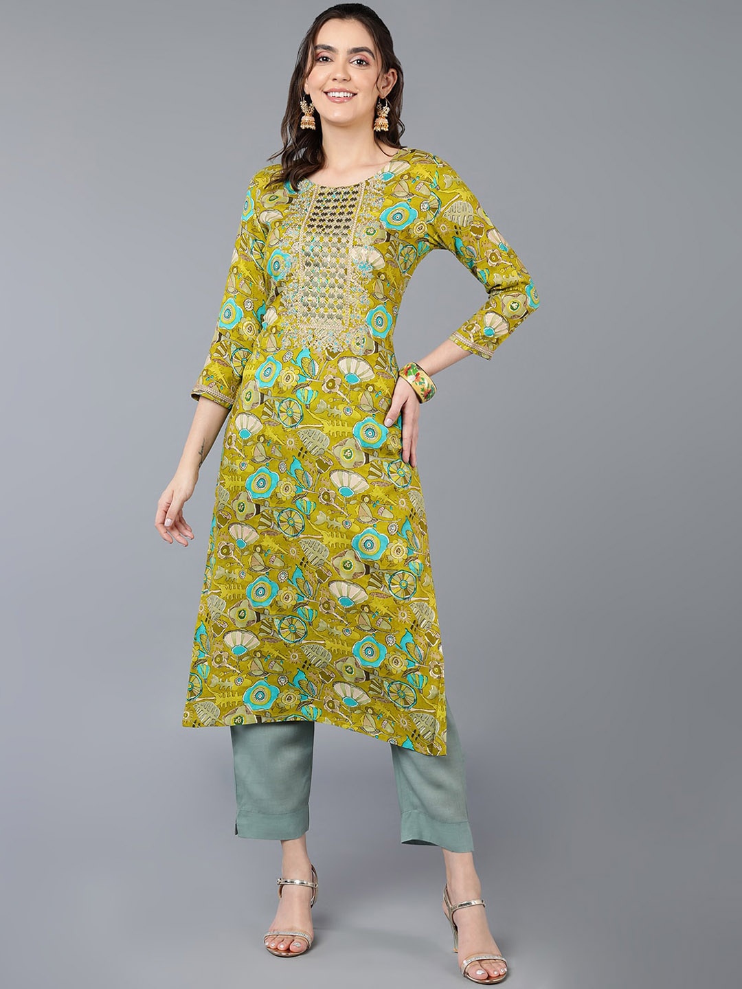 

KALINI Floral Printed Thread Work Straight Kurta, Olive