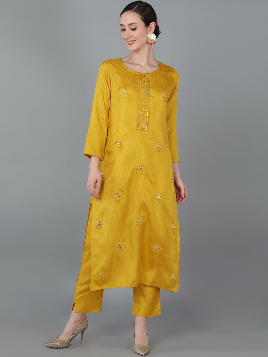

KALINI Floral Embroidered Mirror Work Straight Kurta, Mustard