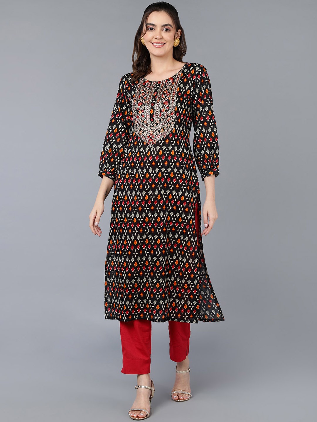

KALINI Ethnic Motifs Printed Round Neck Mirror Work Cotton Straight Kurta, Black