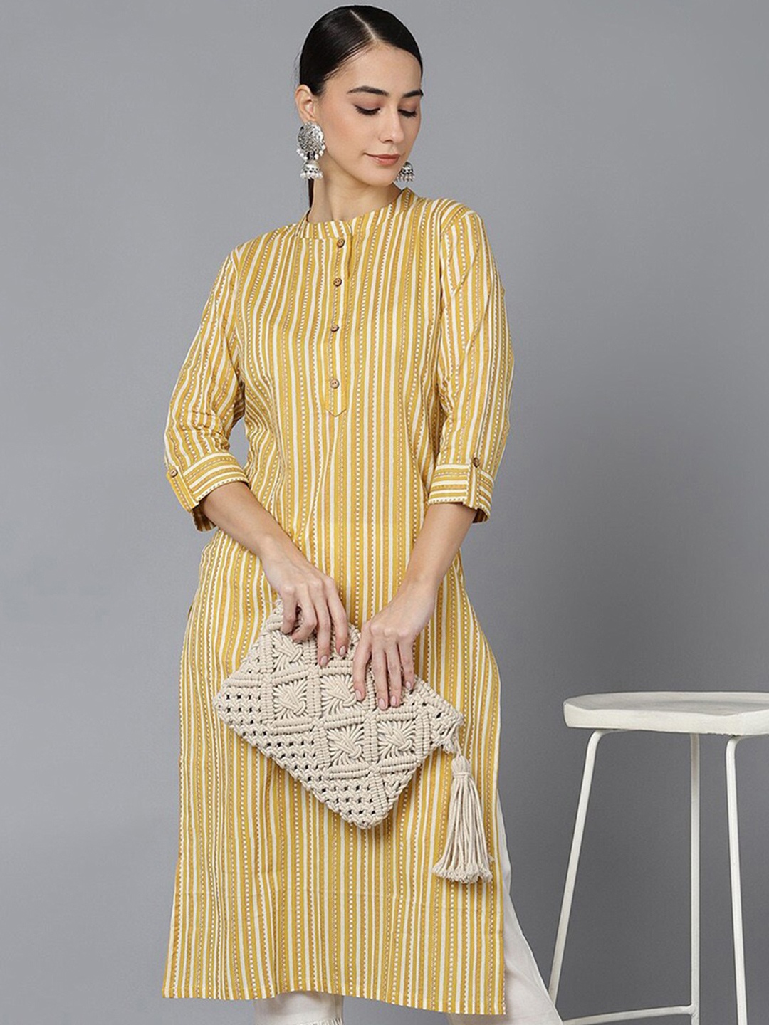 

KALINI Striped Thread Work Mandarin Collar Cotton Kurta, Mustard