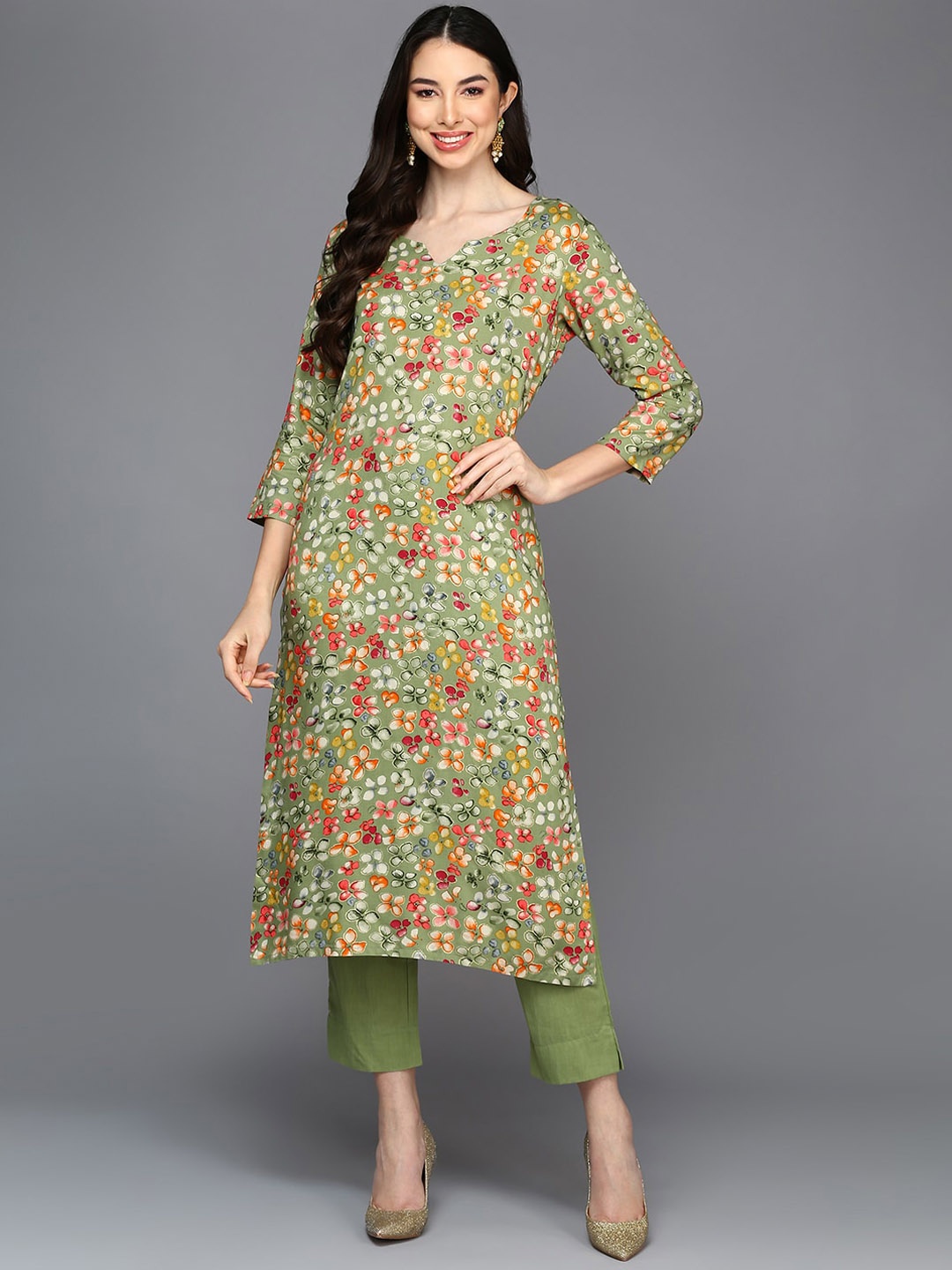 

KALINI Floral Printed Notched Neck Straight Kurta, Green