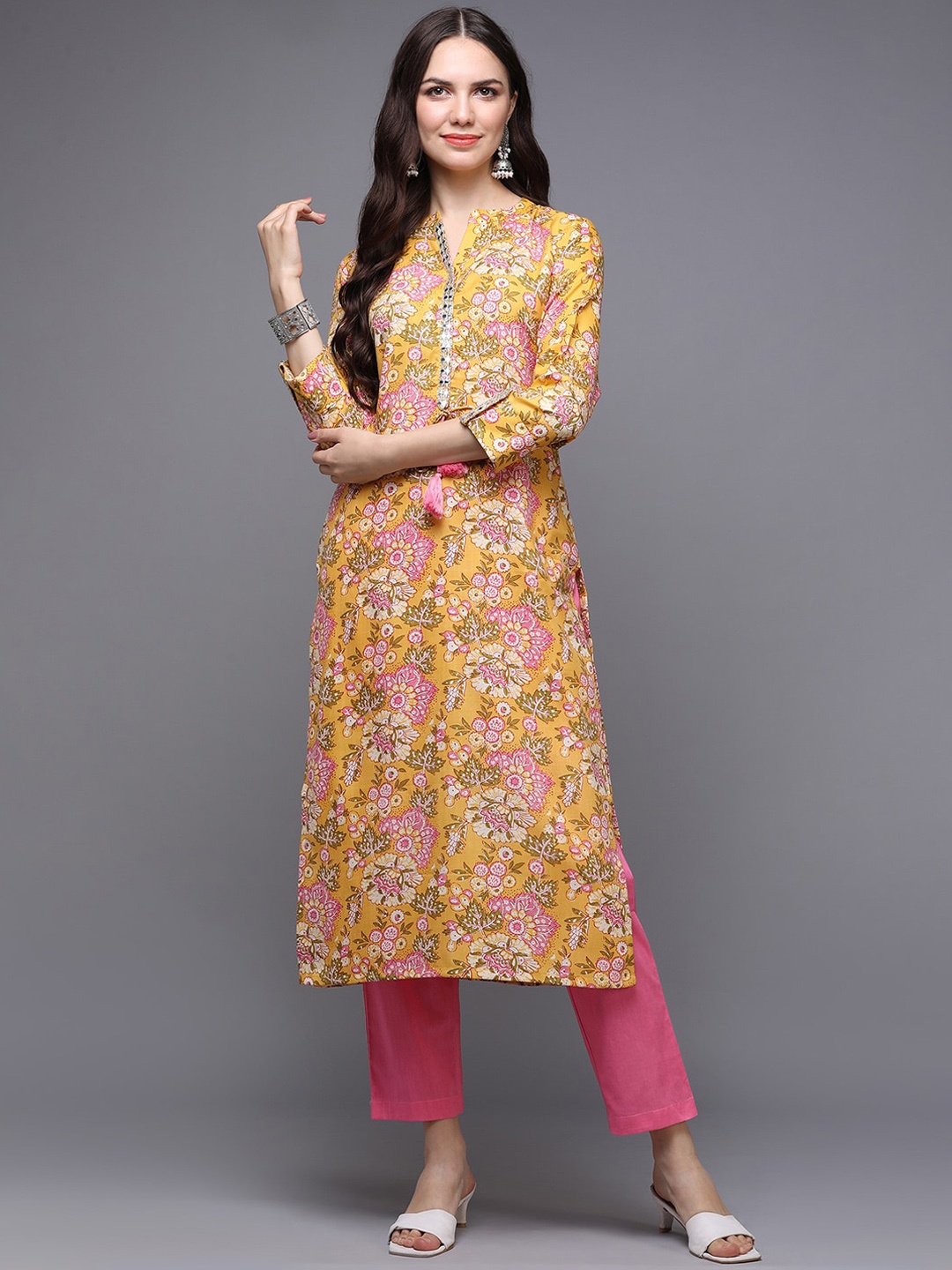 

KALINI Floral Printed Mandarin Collar Roll-Up Sleeves Mirror Work Straight Kurta, Yellow