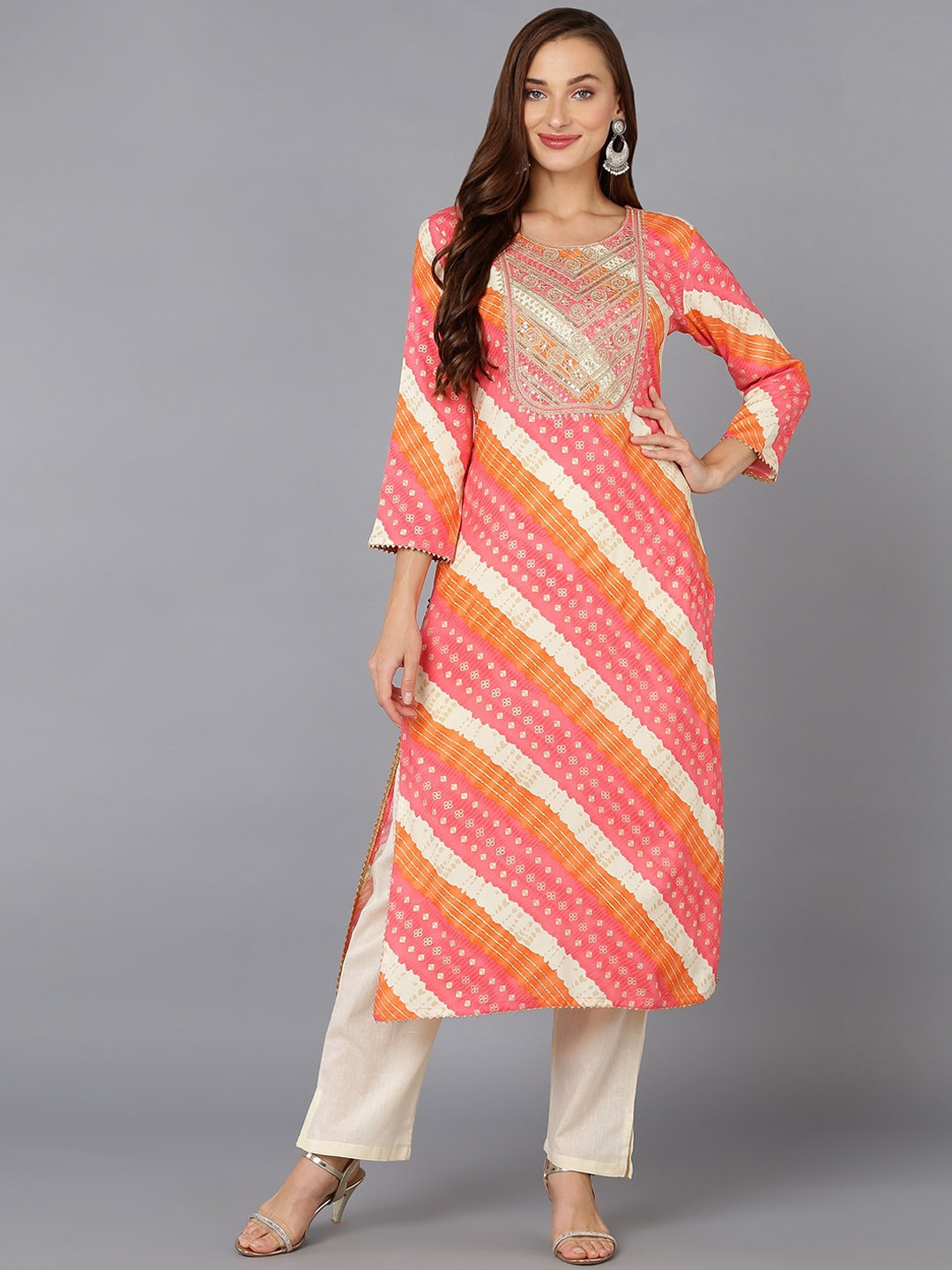 

KALINI Ethnic Motifs Printed Sequinned Detailed Straight Kurta, Pink