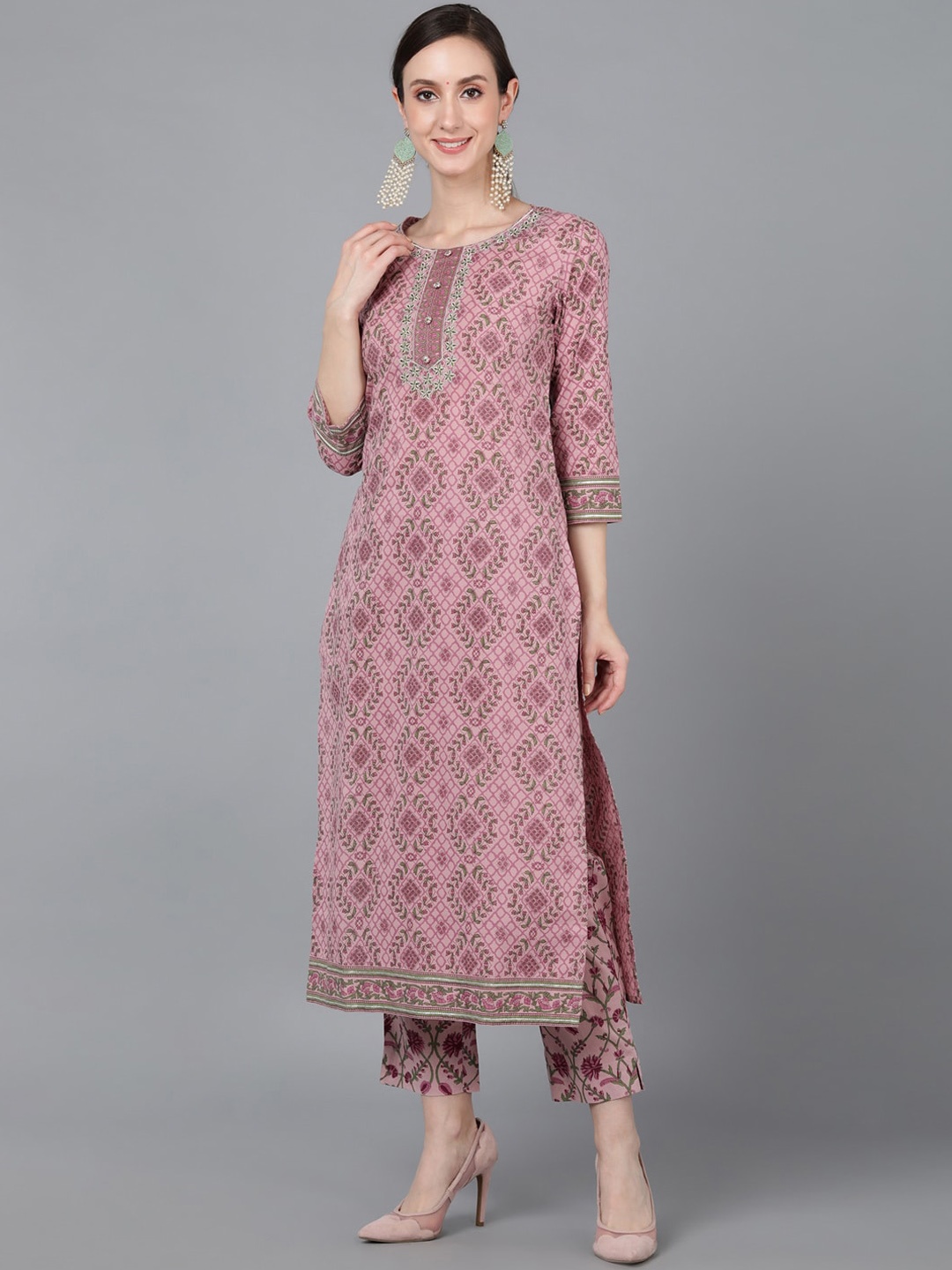 

KALINI Geometric Printed Thread Work Straight Cotton Kurta, Mauve