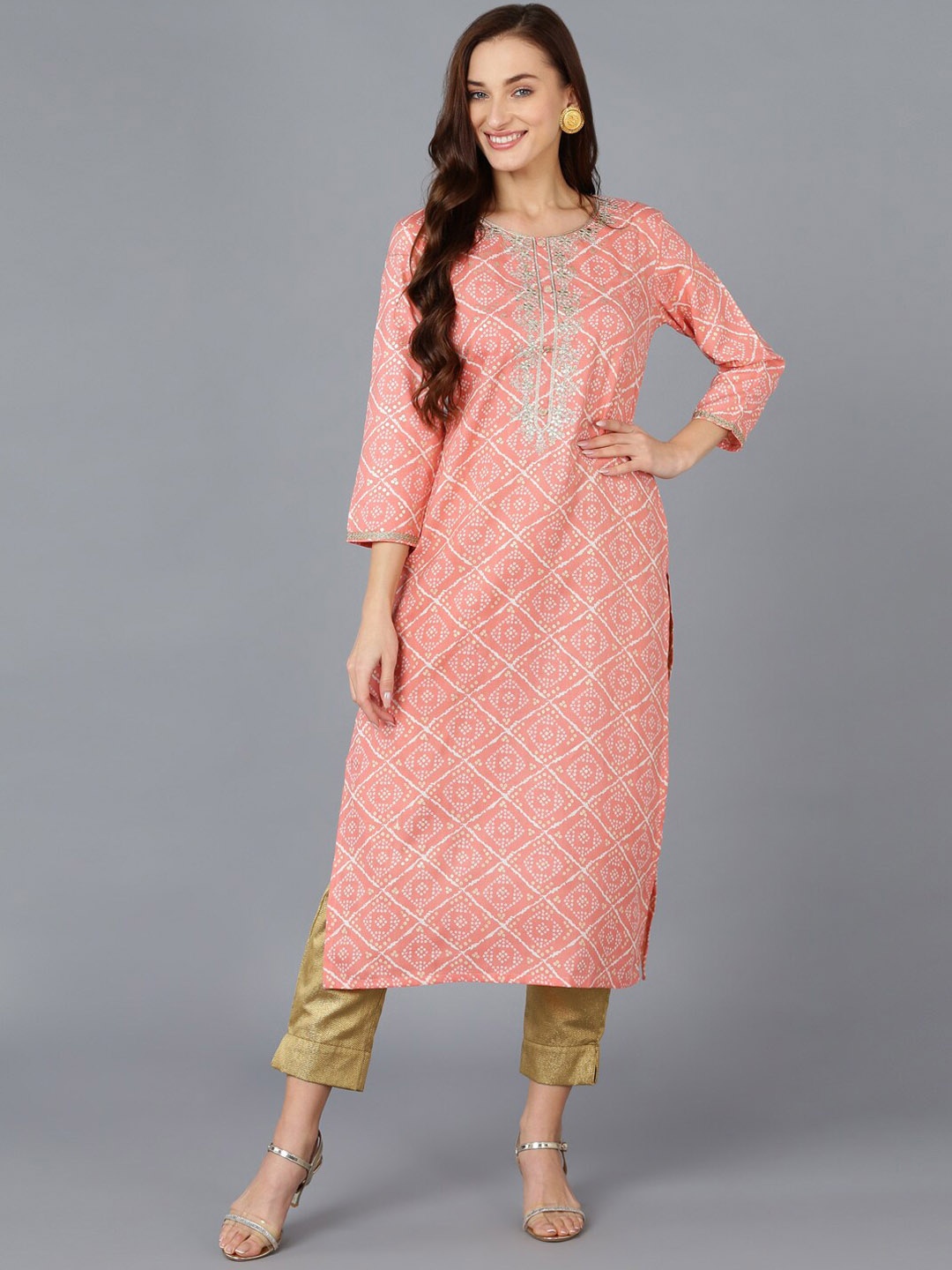 

KALINI Bandhani Printed Thread Work Detailed Straight Kurta, Peach