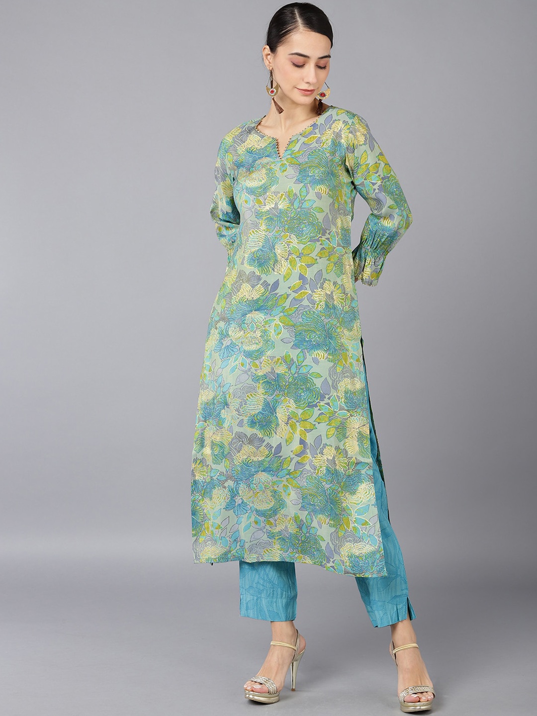

KALINI Floral Printed Gotta Patti Straight Kurta, Green