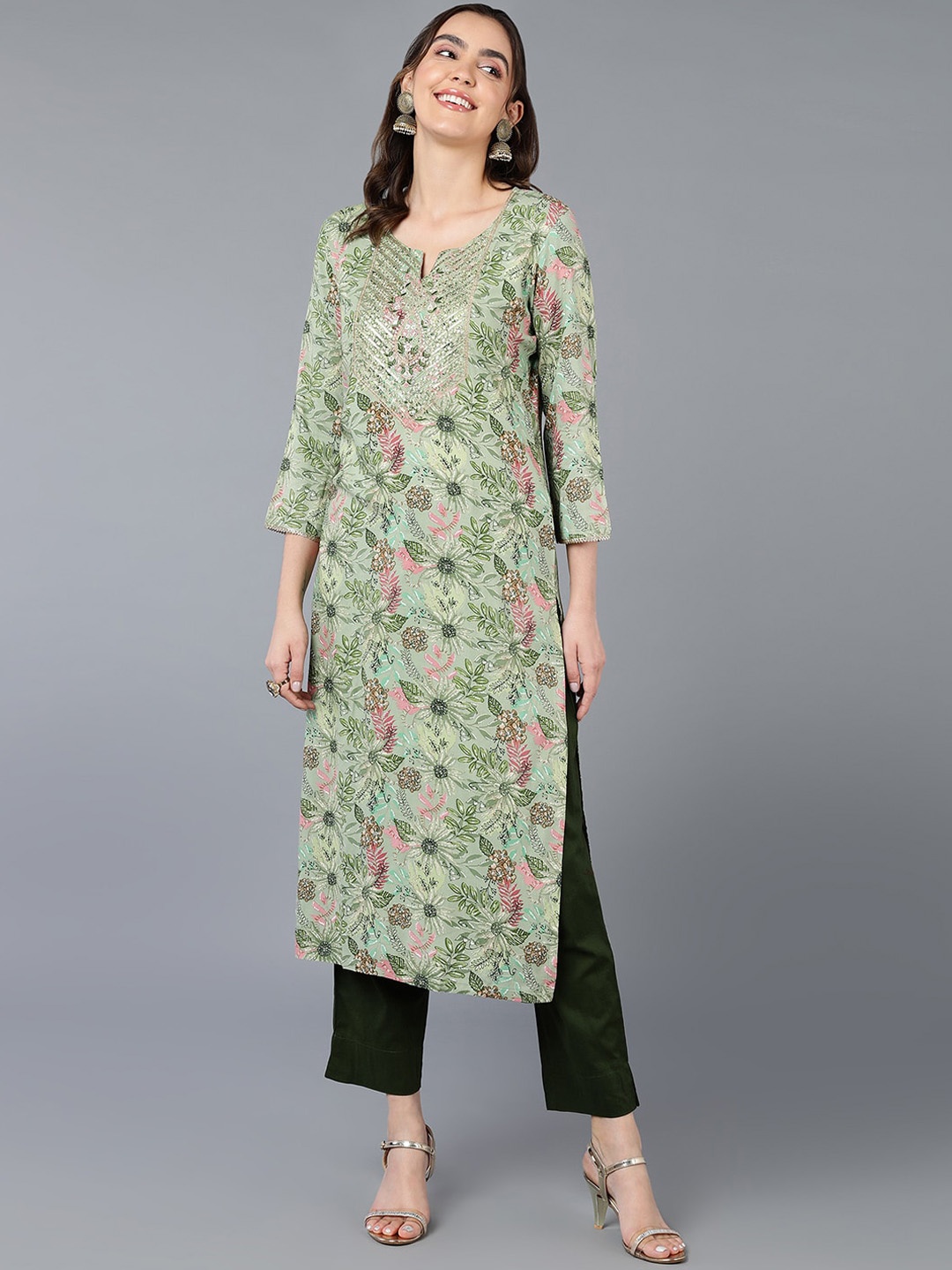 

KALINI Floral Printed Sequinned Straight Kurta, Sea green