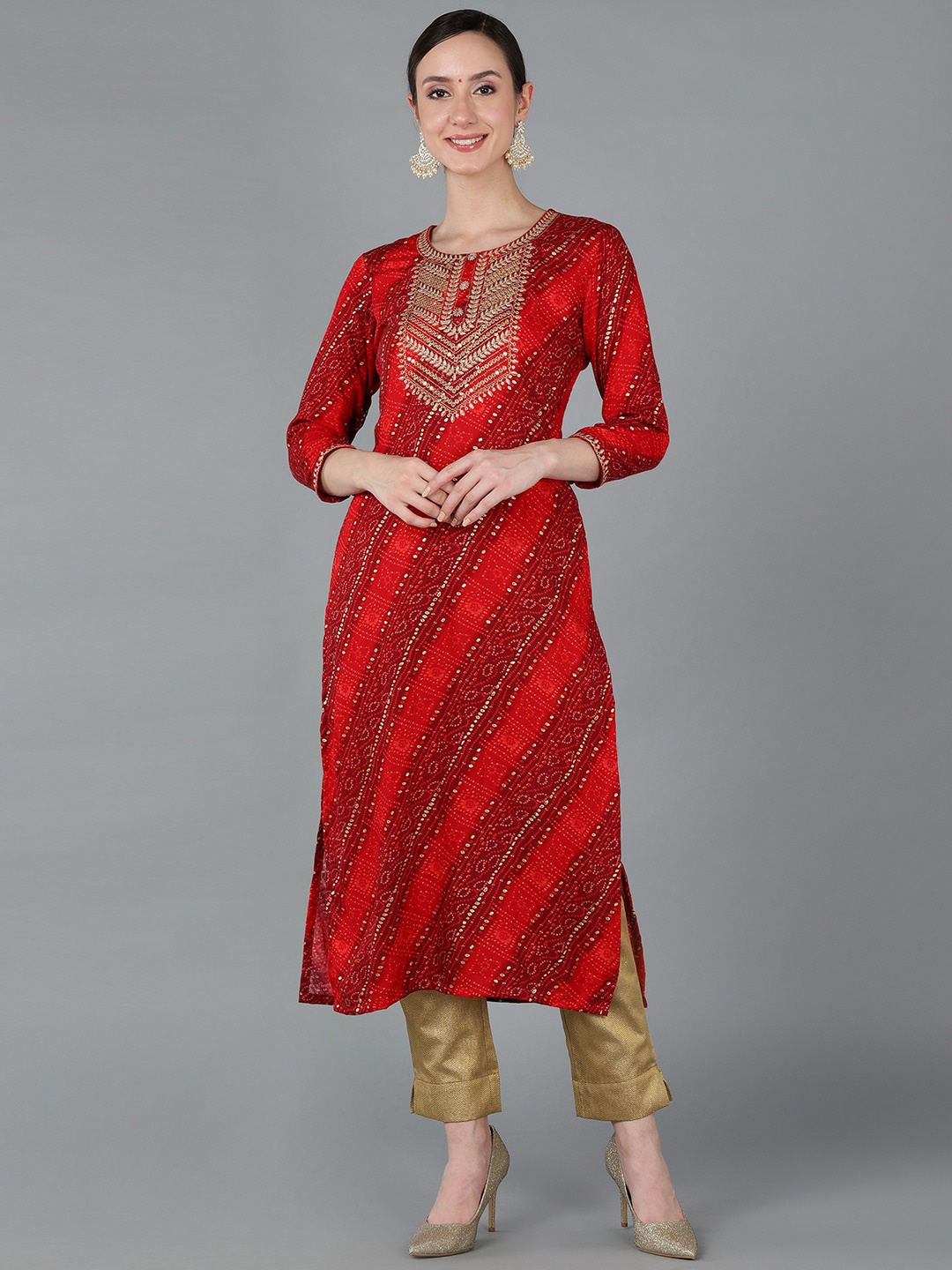 

KALINI Bandhani Printed Thread Work Straight Kurta, Red