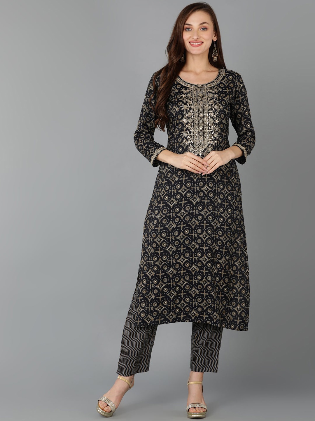 

KALINI Ethnic Motifs Printed Sequinned Straight Kurta, Black