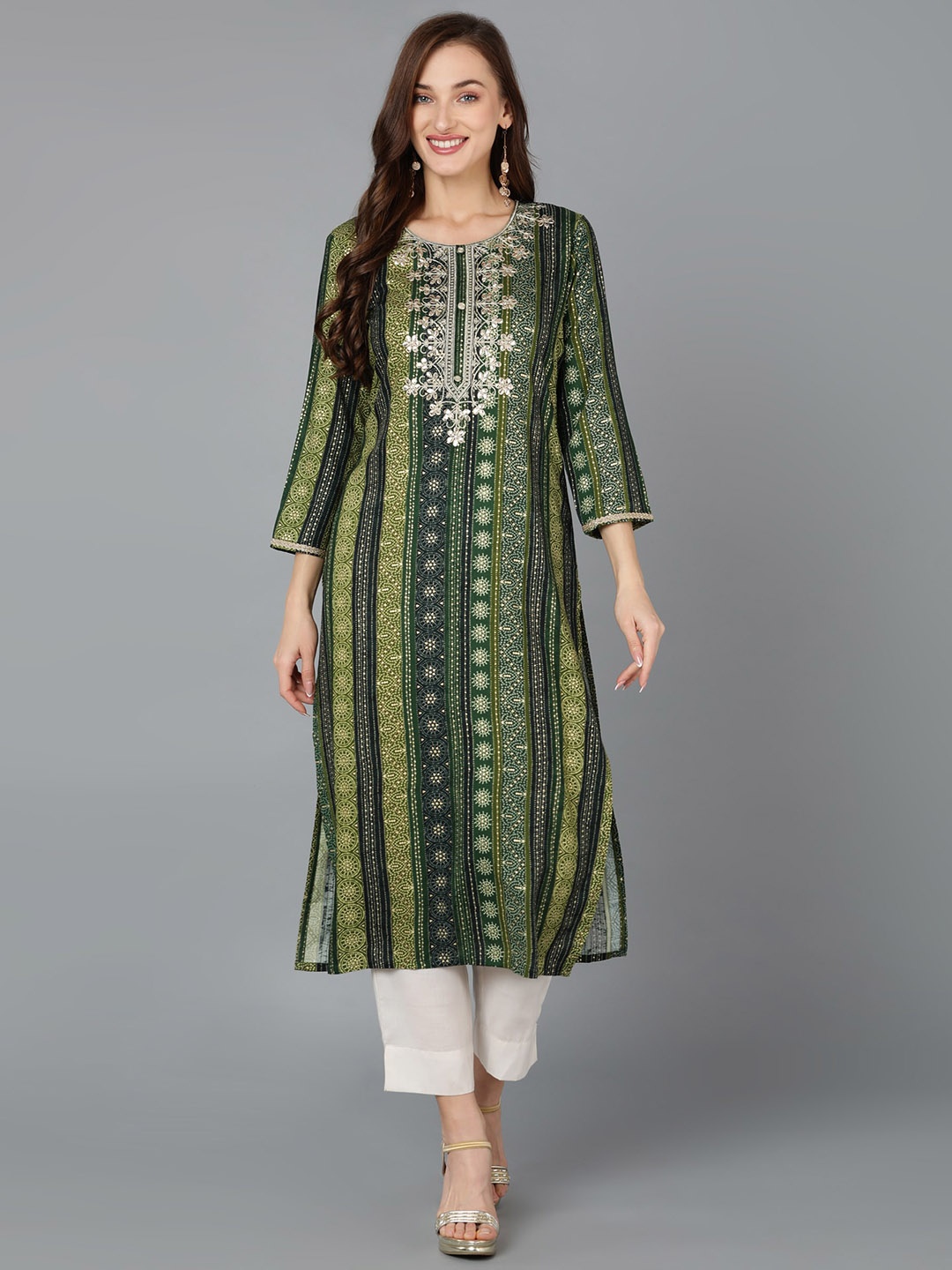 

KALINI Bandhani Printed Thread Work Straight Kurta, Green