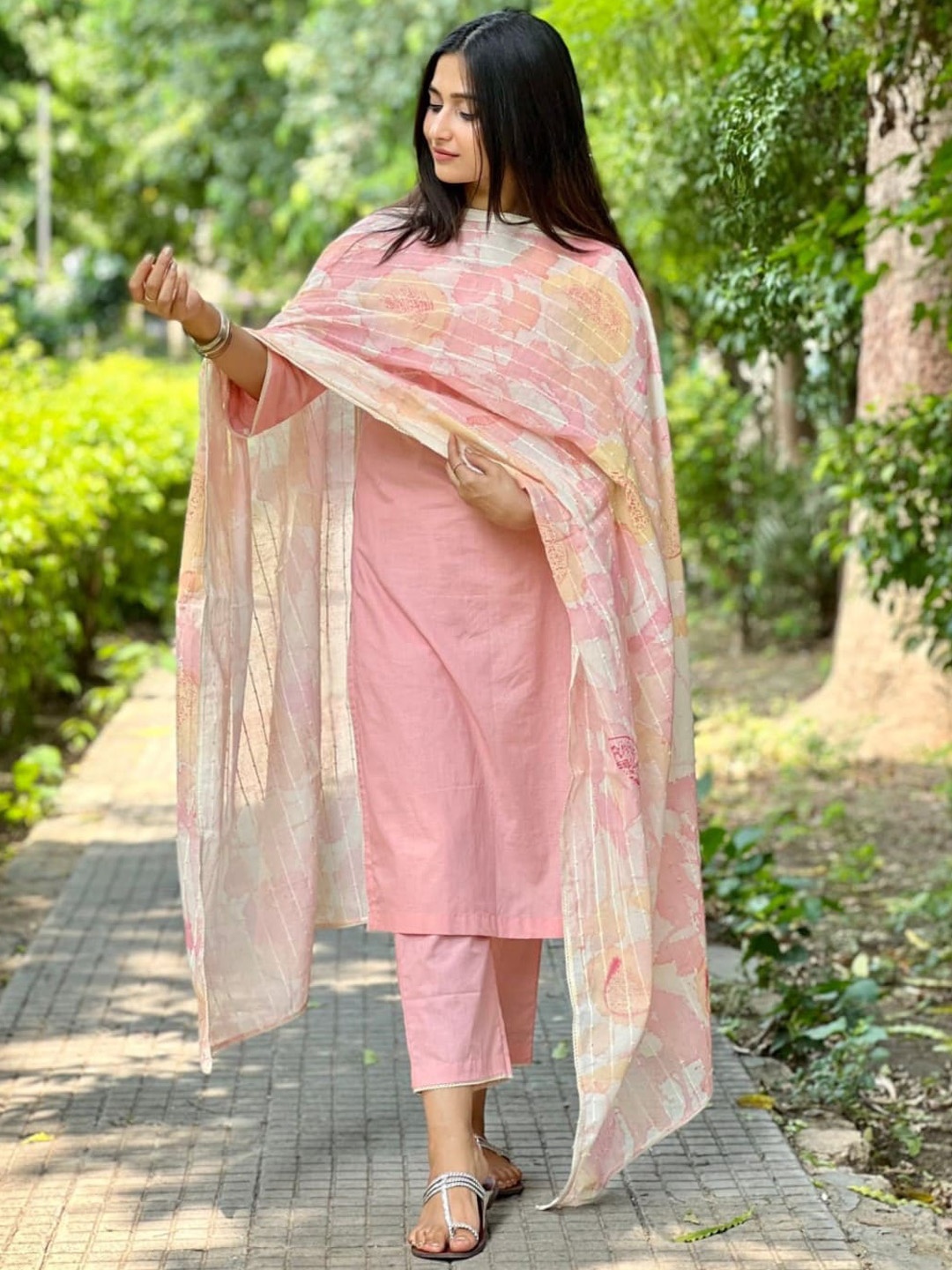 

ZEEPKART Notch Neck Straight Kurta & Trousers With Dupatta, Pink