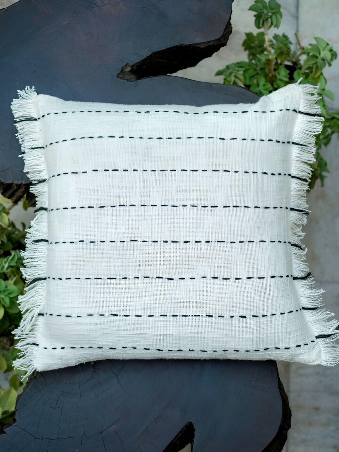 

ABSTRACT INDIA White & Blue Embroidered Cotton Square Cushion Cover