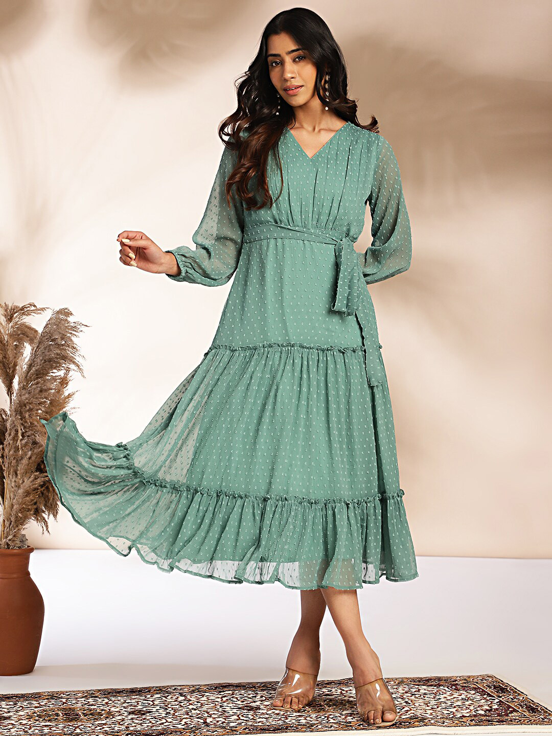 

Janasya Women Dobby Chiffon Tiered Dress, Green