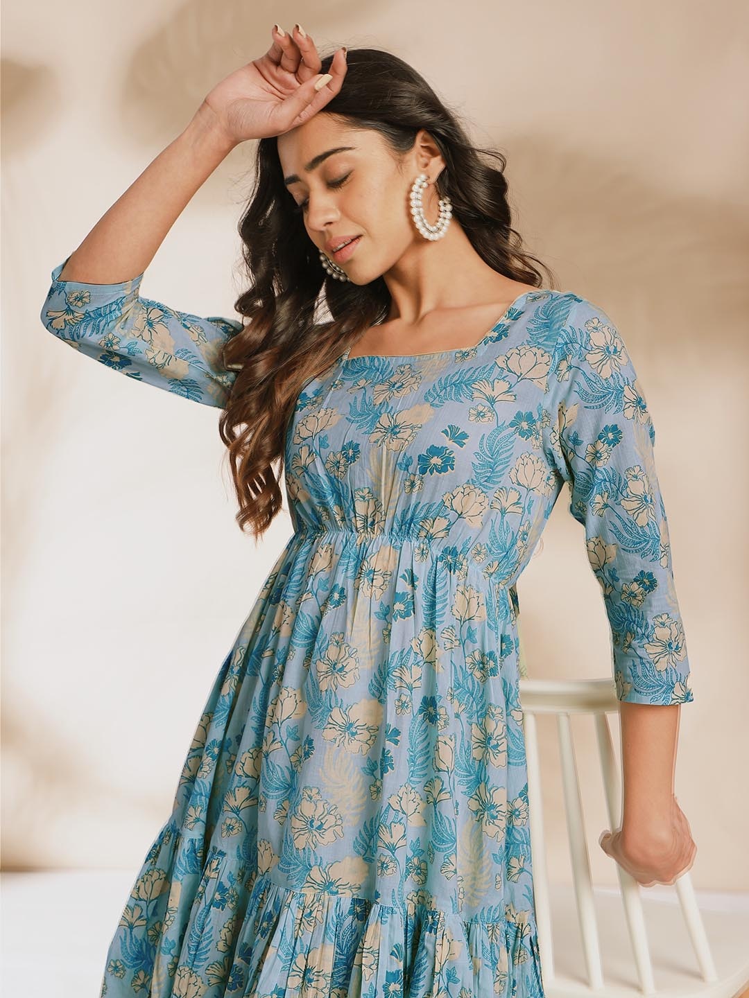 

Janasya Floral Print Square Neck Cotton A-Line Dress, Blue