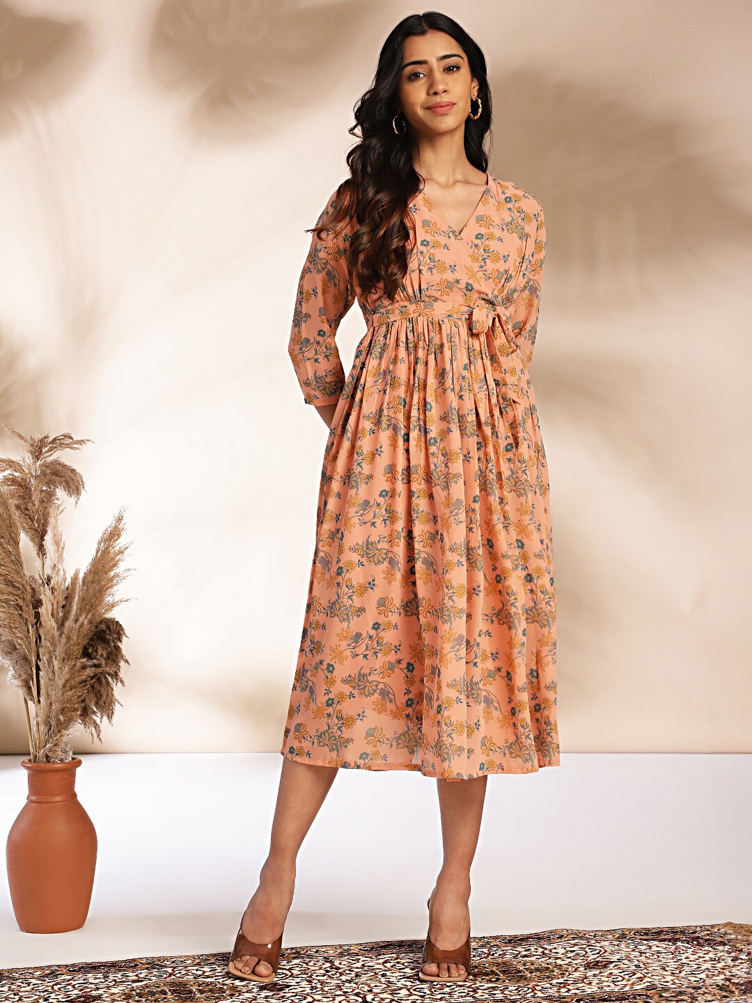 

Janasya Floral Print Georgette Fit & Flare Midi Dress, Peach