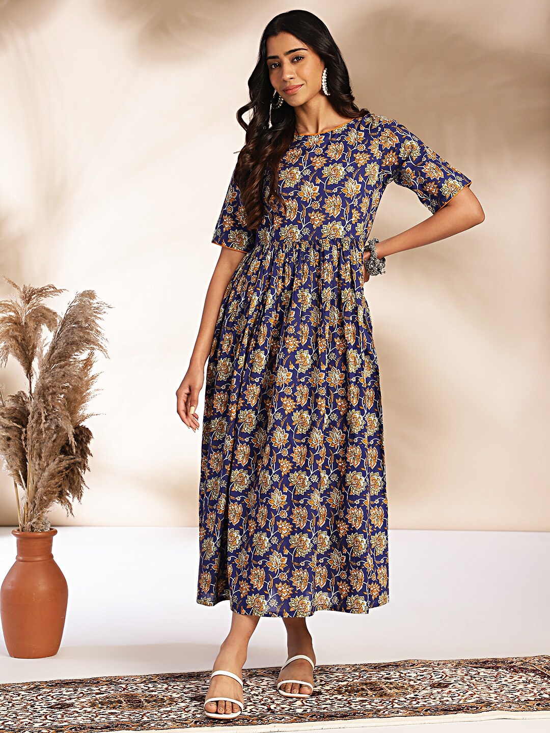 

Janasya Round Neck Short Sleeves Cotton Floral Print A-Line Maxi Dress, Blue