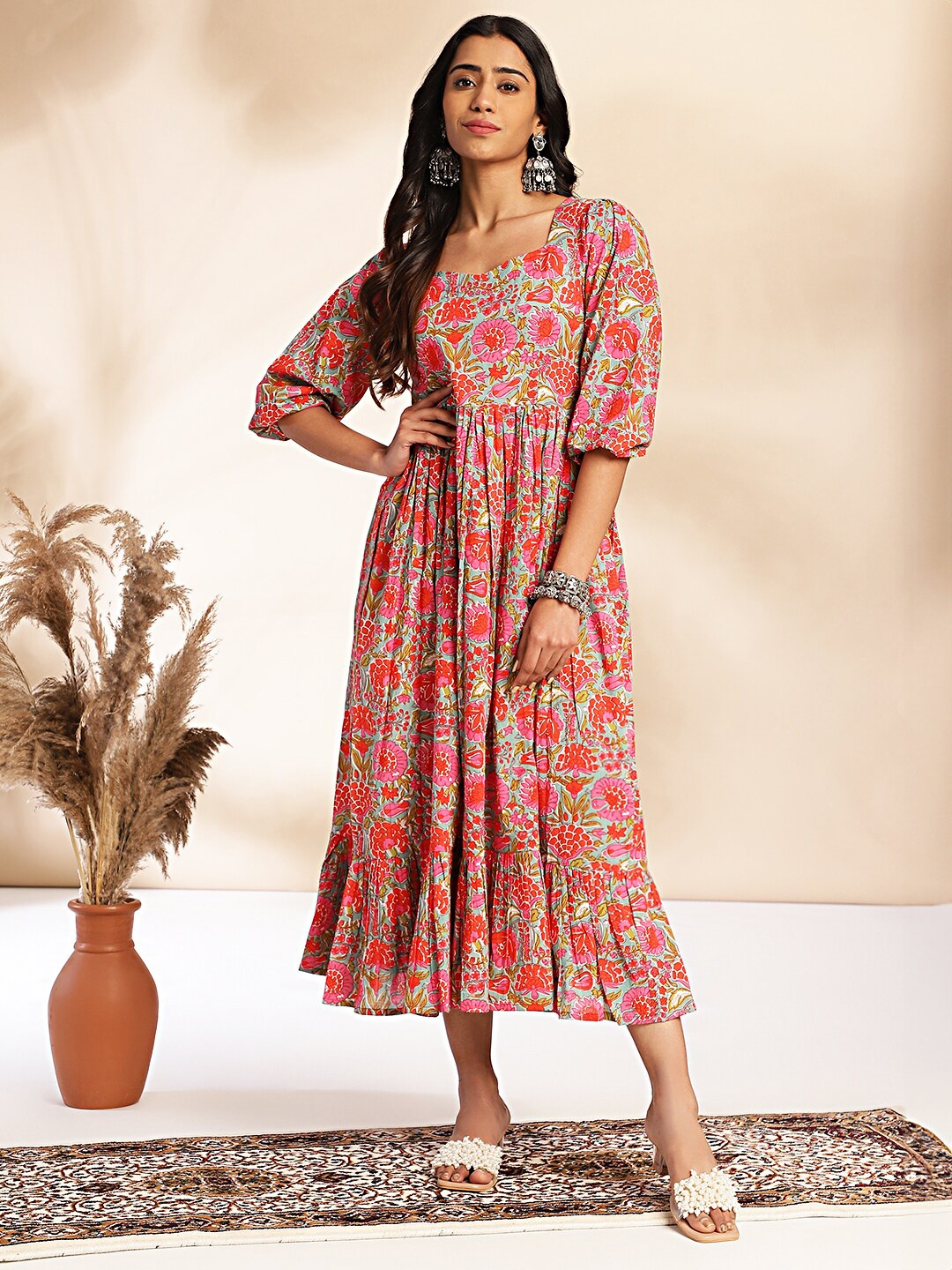 

Janasya Floral Printed Cotton Sweetheart Neck Flared Dress, Pink