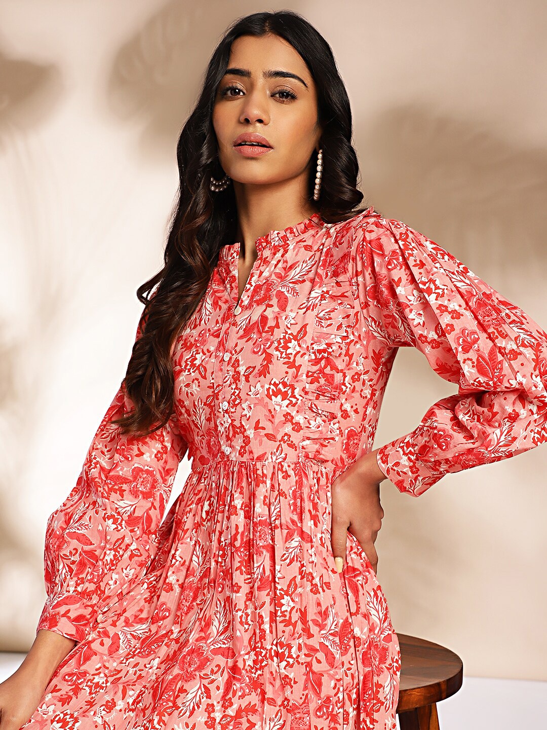 

Janasya Mandarin Collar Floral Print Long Puff Sleeve Ruffled Maxi Dress, Pink