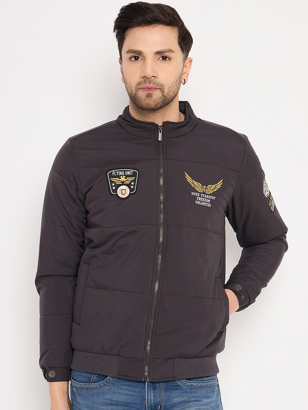 

Duke Stand Collar Long Sleeves Bomber With Patchwork Jacket, Grey