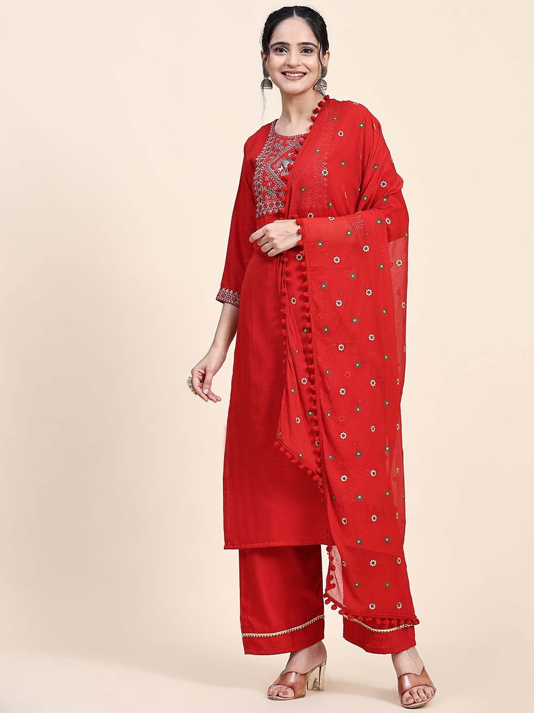 

CaniBani Ethnic Motifs Yoke Design Regular Pure Cotton Kurta With Trousers & Dupatta, Red