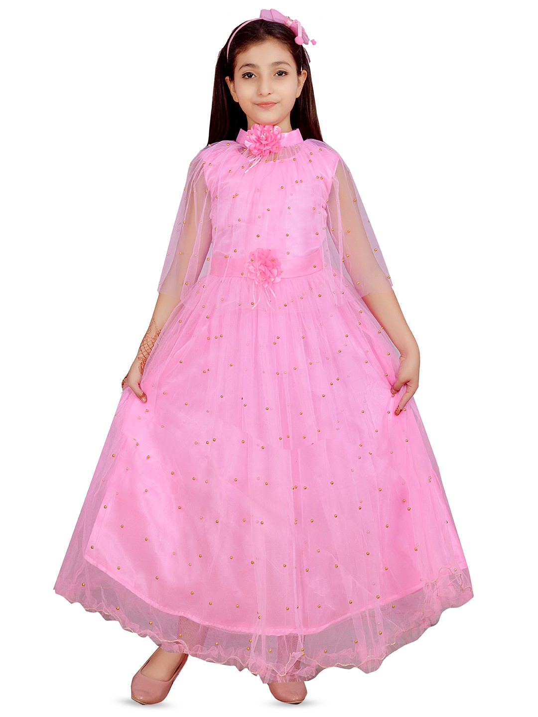 

BAESD Girls Floral Embellished Net Fit & Flare Dress, Pink