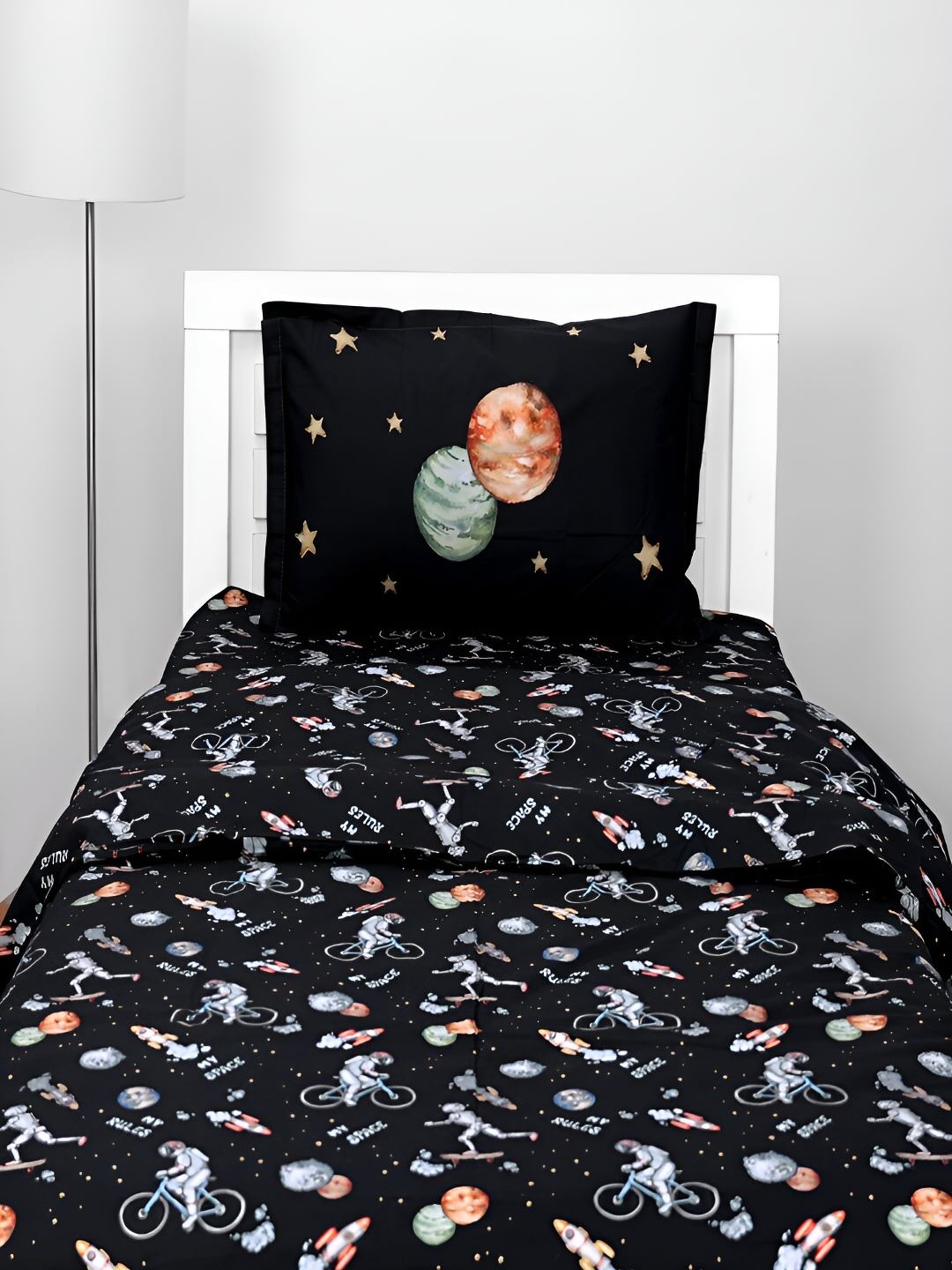 

CUTIE&BOO To The Moon And Back Black Printed Pure Cotton Single Duvet Set, Blue