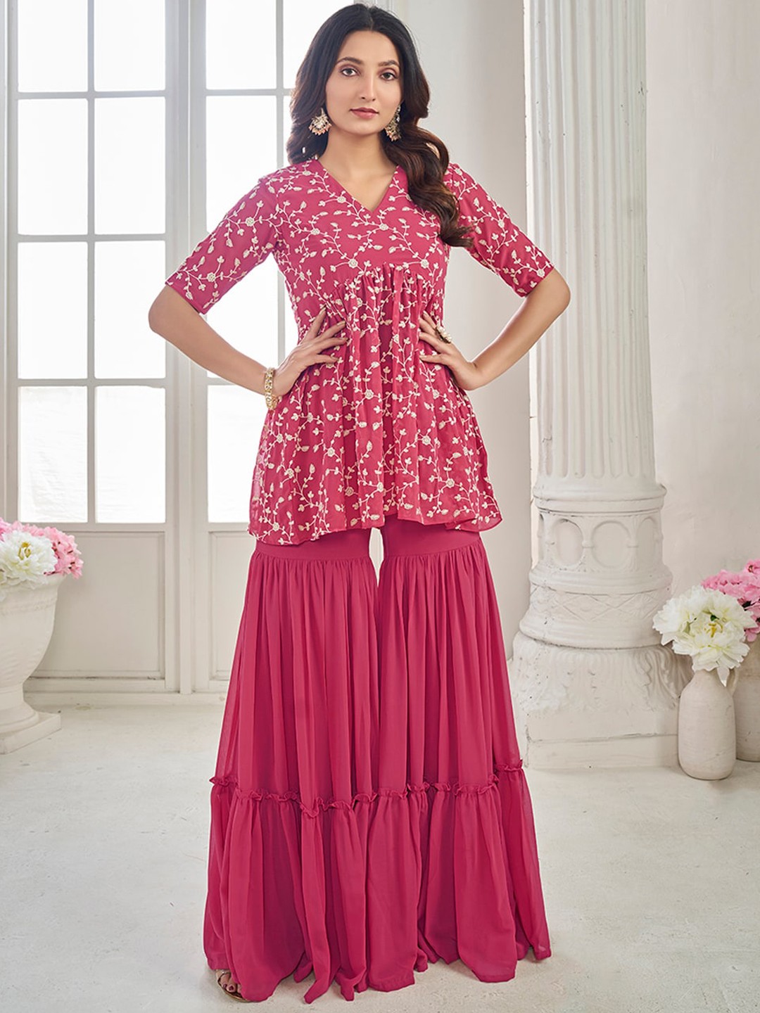 

Inddus Floral Embroidered Pleated Thread Work Kurta With Sharara, Peach