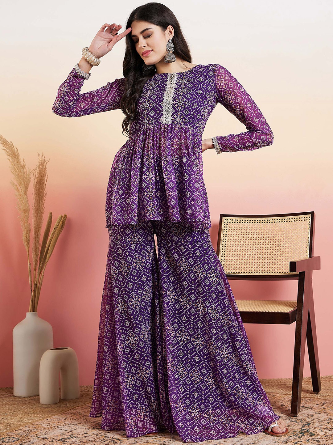 

Inddus Bandhani Printed Yoke Design Pleated Gotta Patti Kurti With Sharara, Purple