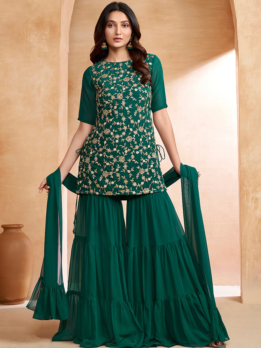 

Inddus Floral Embroidered Kurta With Sharara & Dupatta, Green