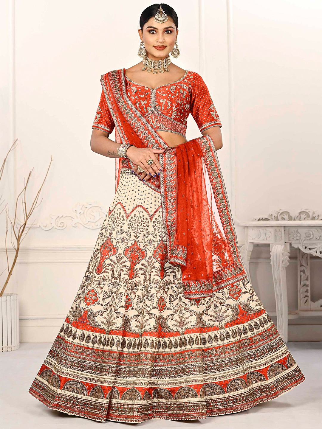 

SAPTRANGI Printed Ready to Wear Lehenga & Blouse With Dupatta, Orange