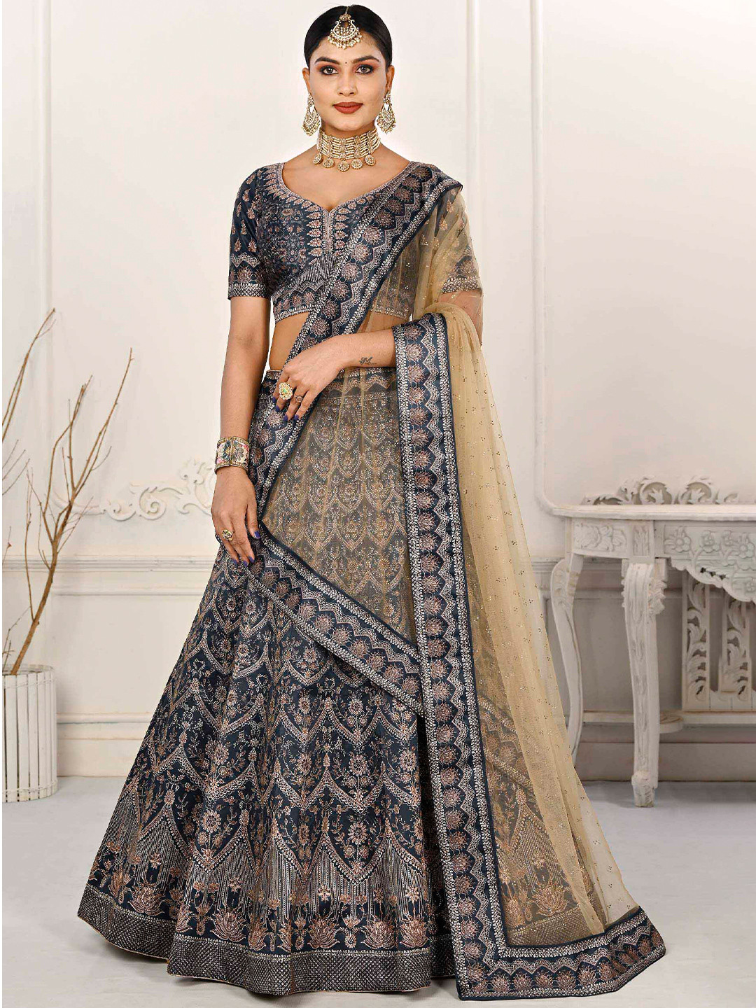 

SAPTRANGI Embroidered Ready to Wear Lehenga & Blouse With Dupatta, Blue