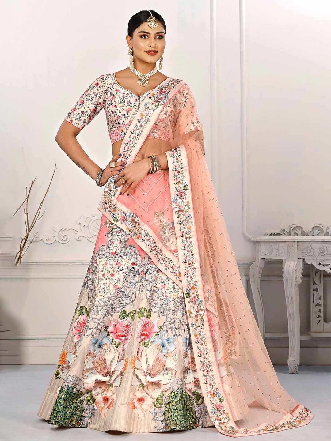 

SAPTRANGI Printed Ready to Wear Lehenga & Blouse With Dupatta, Pink
