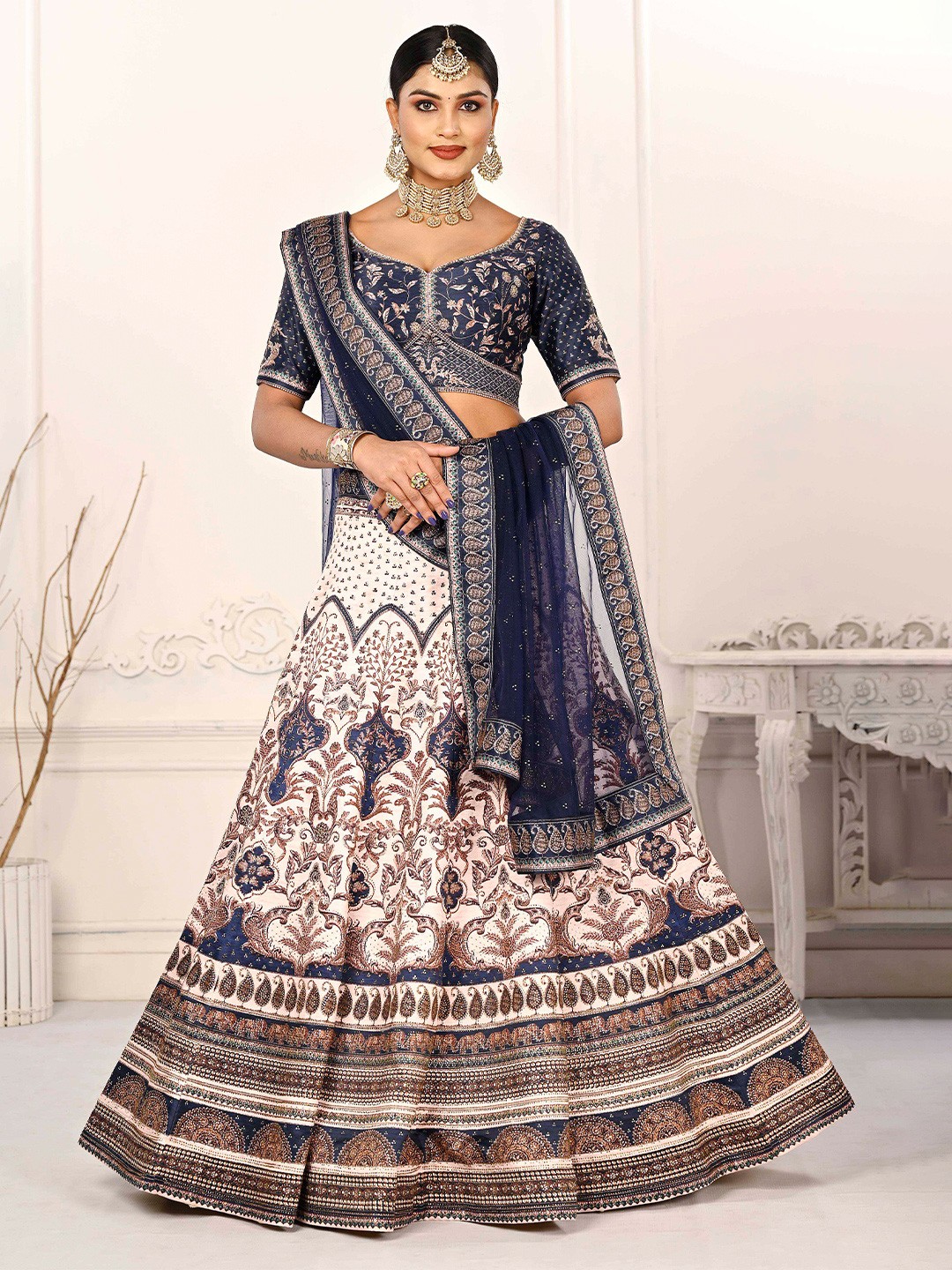 

SAPTRANGI Printed Ready to Wear Lehenga & Blouse With Dupatta, Blue
