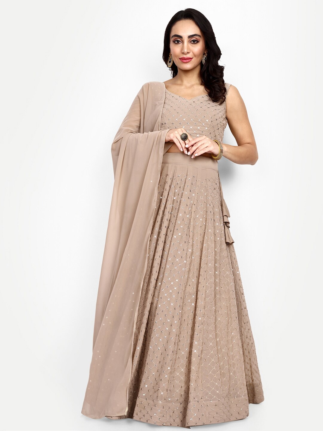 

KALINI Embellished Sequinned Semi-Stitched Lehenga & Unstitched Blouse With Dupatta, Beige