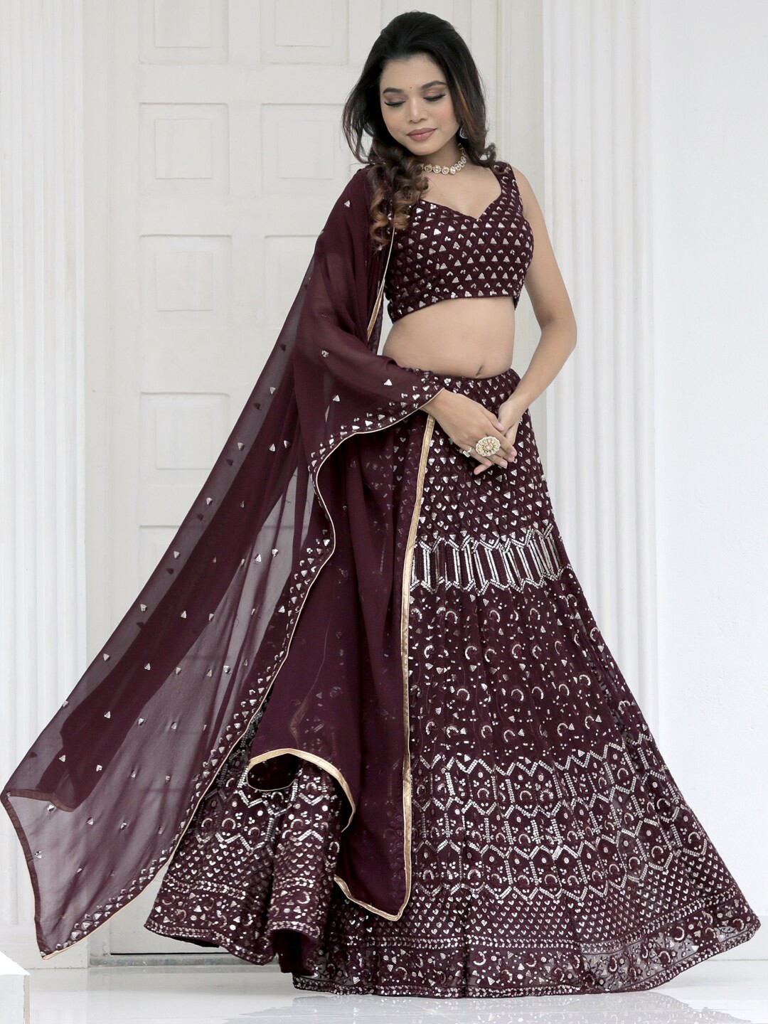 

KALINI Embellished Pure Georgette Semi-Stitched Lehenga & Unstitched Blouse With Dupatta, Brown