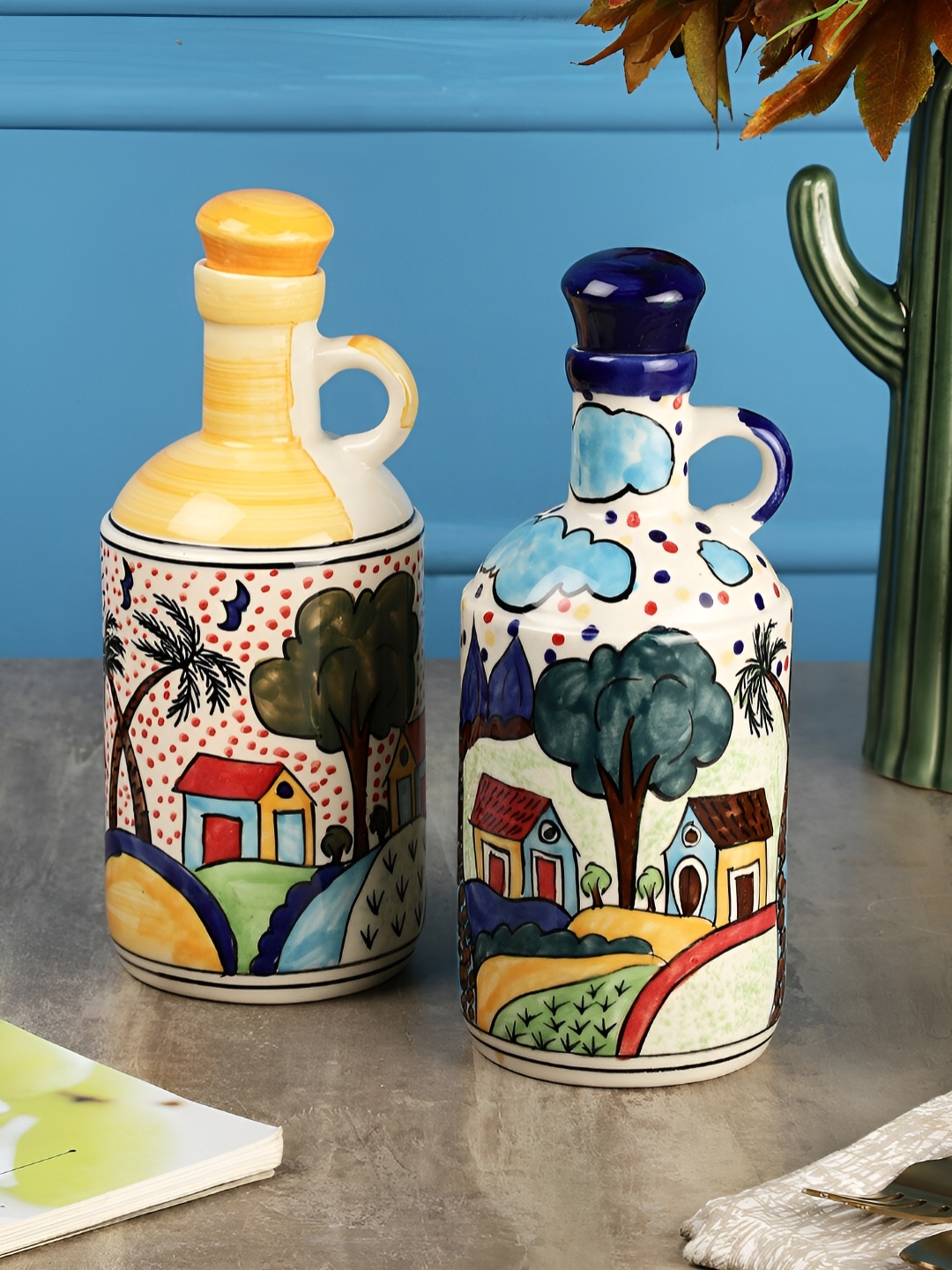 The Decor Lane Yellow & Blue 2 Pieces Ceramic Oil Dispenser