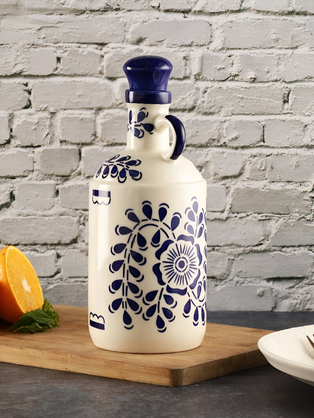 The Decor Lane White & Blue Floral Printed Ceramic Oil Dispenser 1L