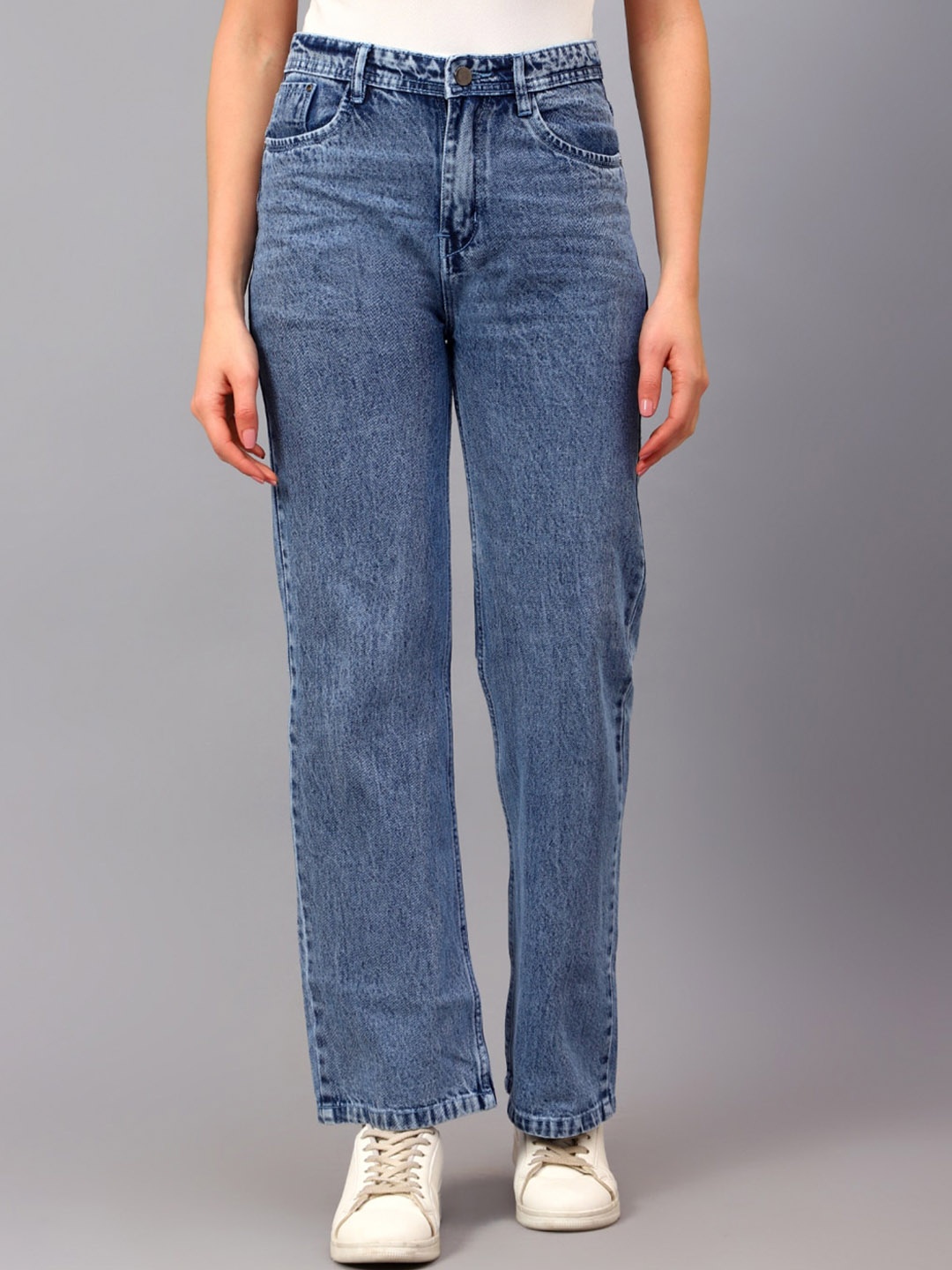 

POMPOUS Women Pure Cotton High-Rise Straight Fit Jeans, Blue