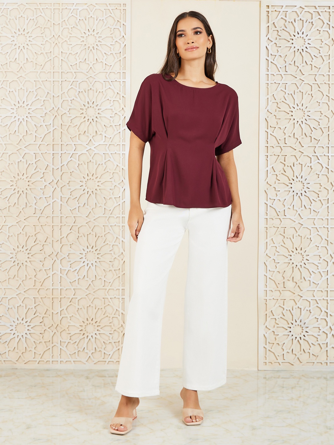 

Styli Burgundy Round Neck Extended Sleeves Top