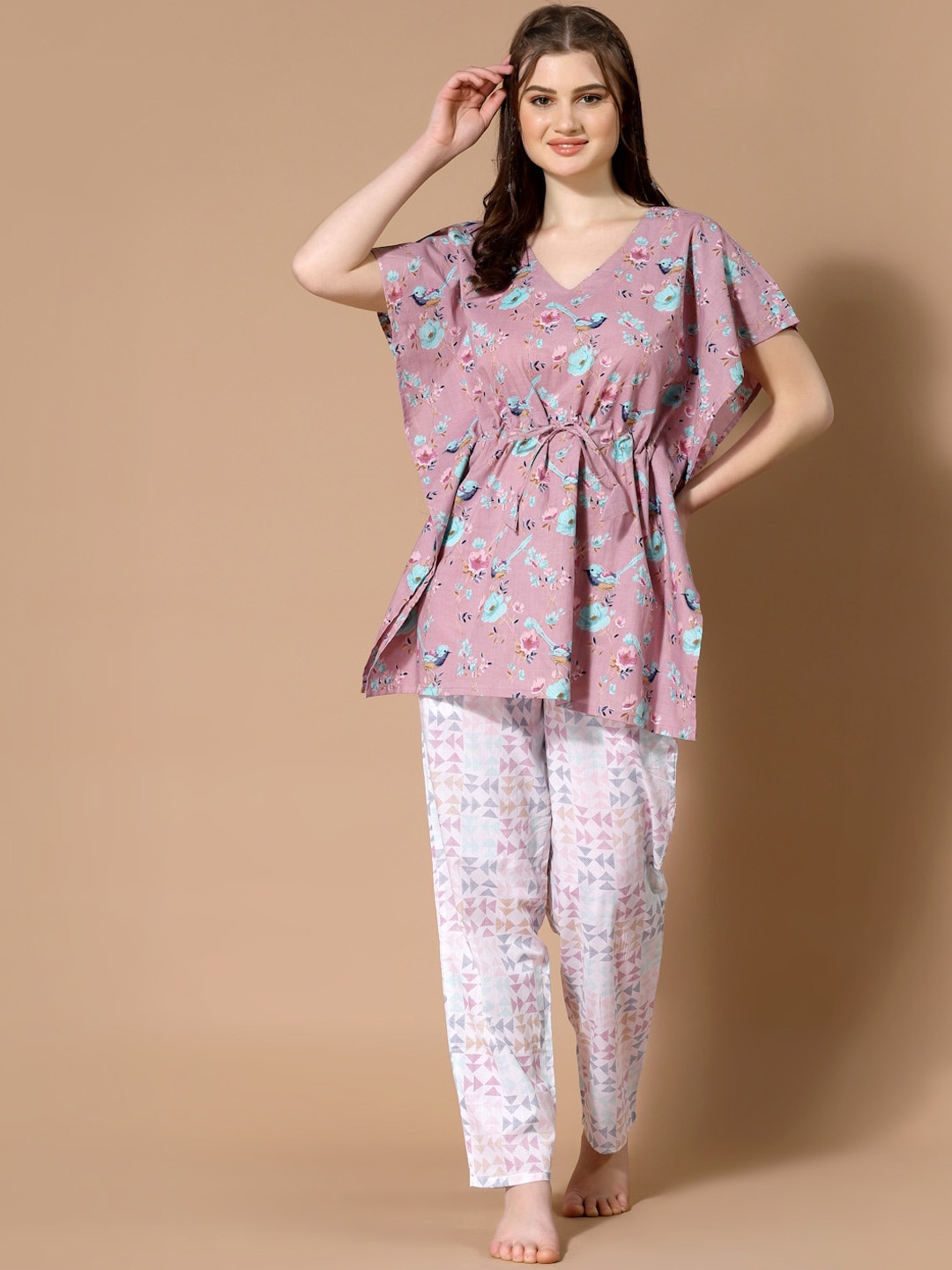 

MBeautiful Floral Printed V-Neck Organic Cotton Night suit, Pink