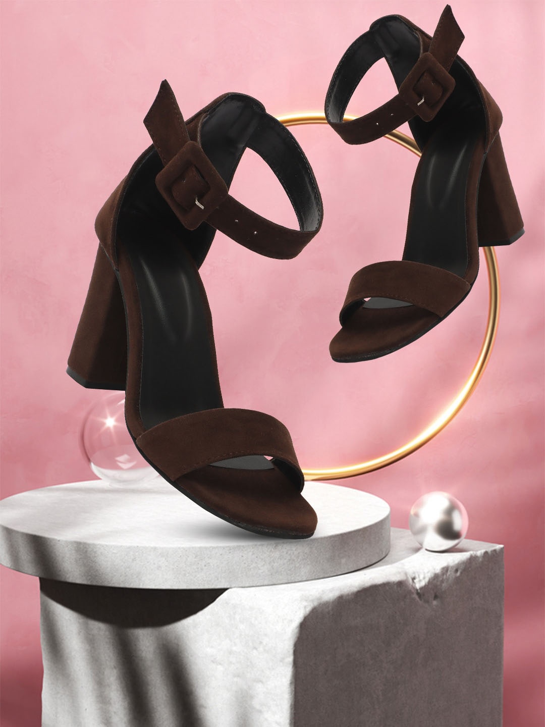 

OPHELIA Open Toe Block Heels With Buckles, Brown