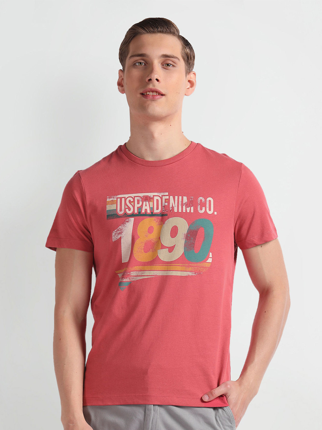 

U.S. Polo Assn. Denim Co. Printed Round Neck Cotton Slim Fit T-shirt, Pink