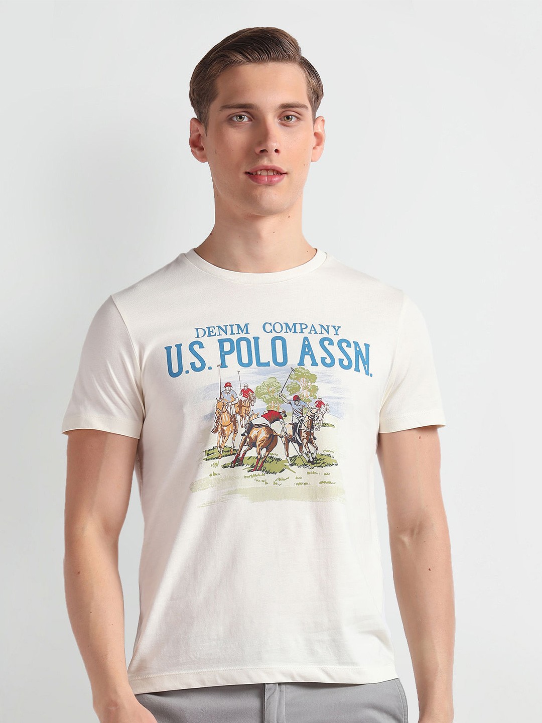 

U.S. Polo Assn. Denim Co. Printed Short Sleeves Round Neck Cotton Slim Fit T-shirt, White